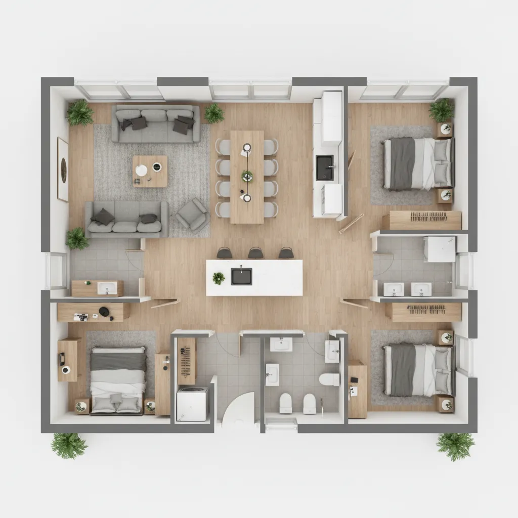 Denah rumah efisien dengan sirkulasi pendek
