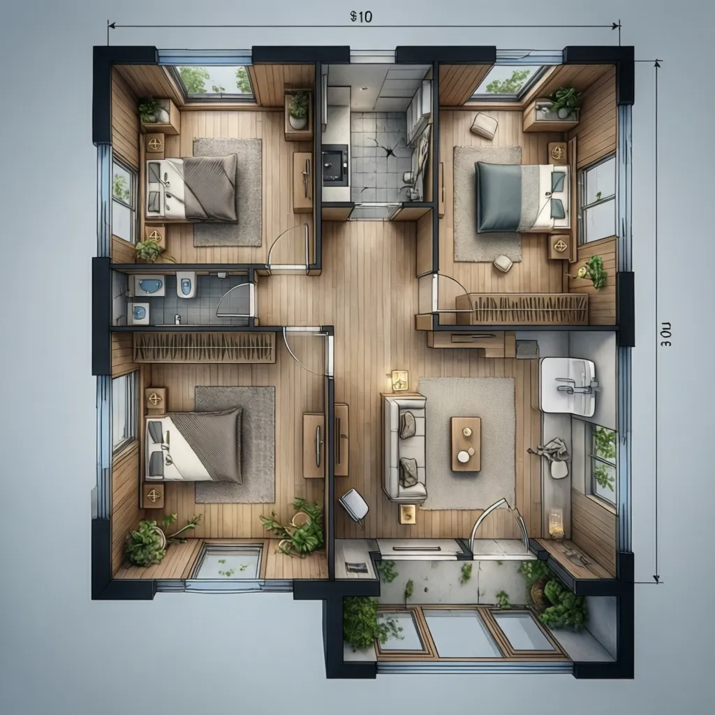 Coohom interior design drawing showing a three bedroom house with wooden floors and simple furniture