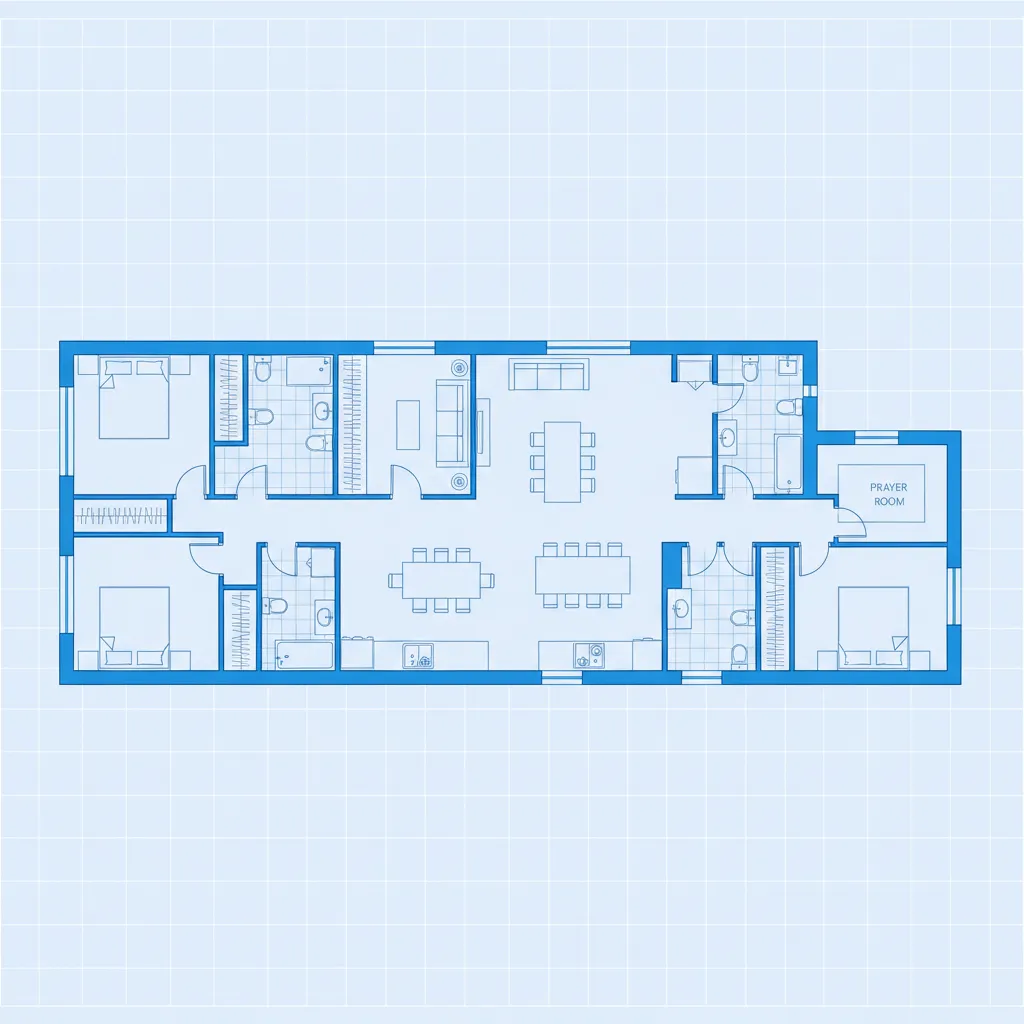 Blue interior design drawing on grid showing multiple bedrooms bathrooms and large open dining spaces