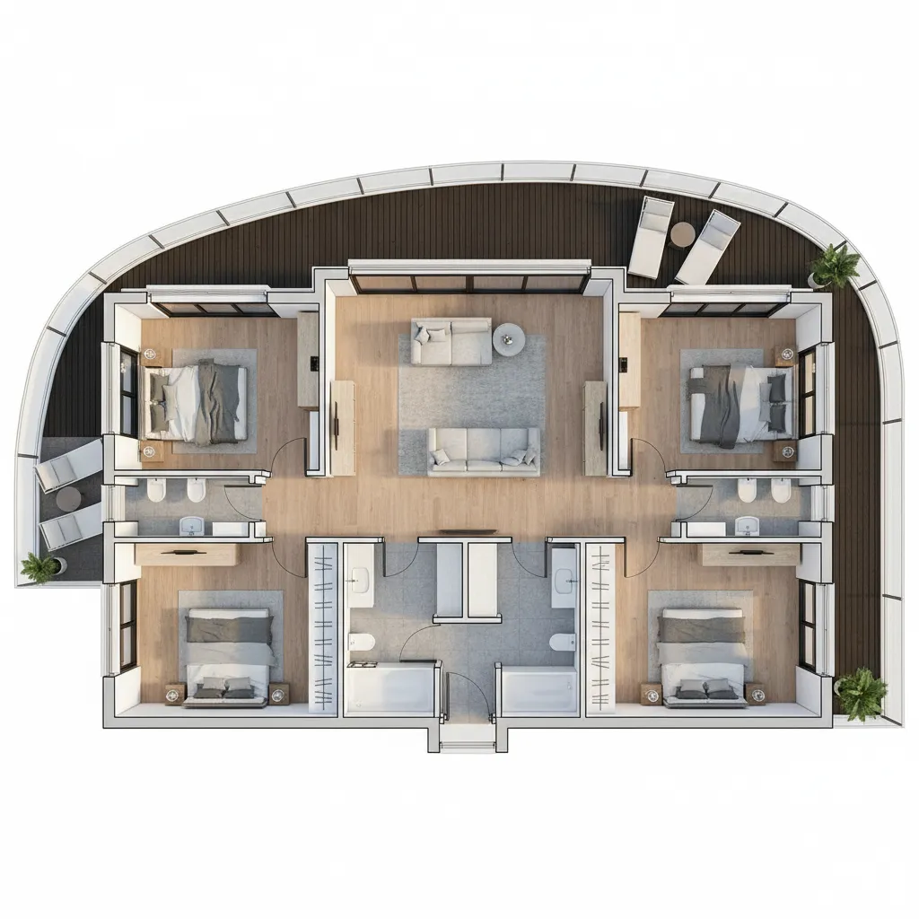 3D interior design drawing showing four bedrooms a living area and a large curved balcony