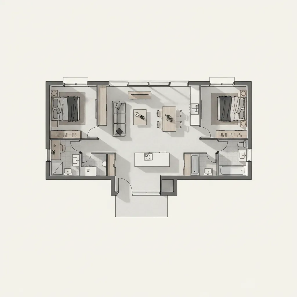Detailed room layout showing two bedrooms living area kitchen dining space bathroom and interior drawing