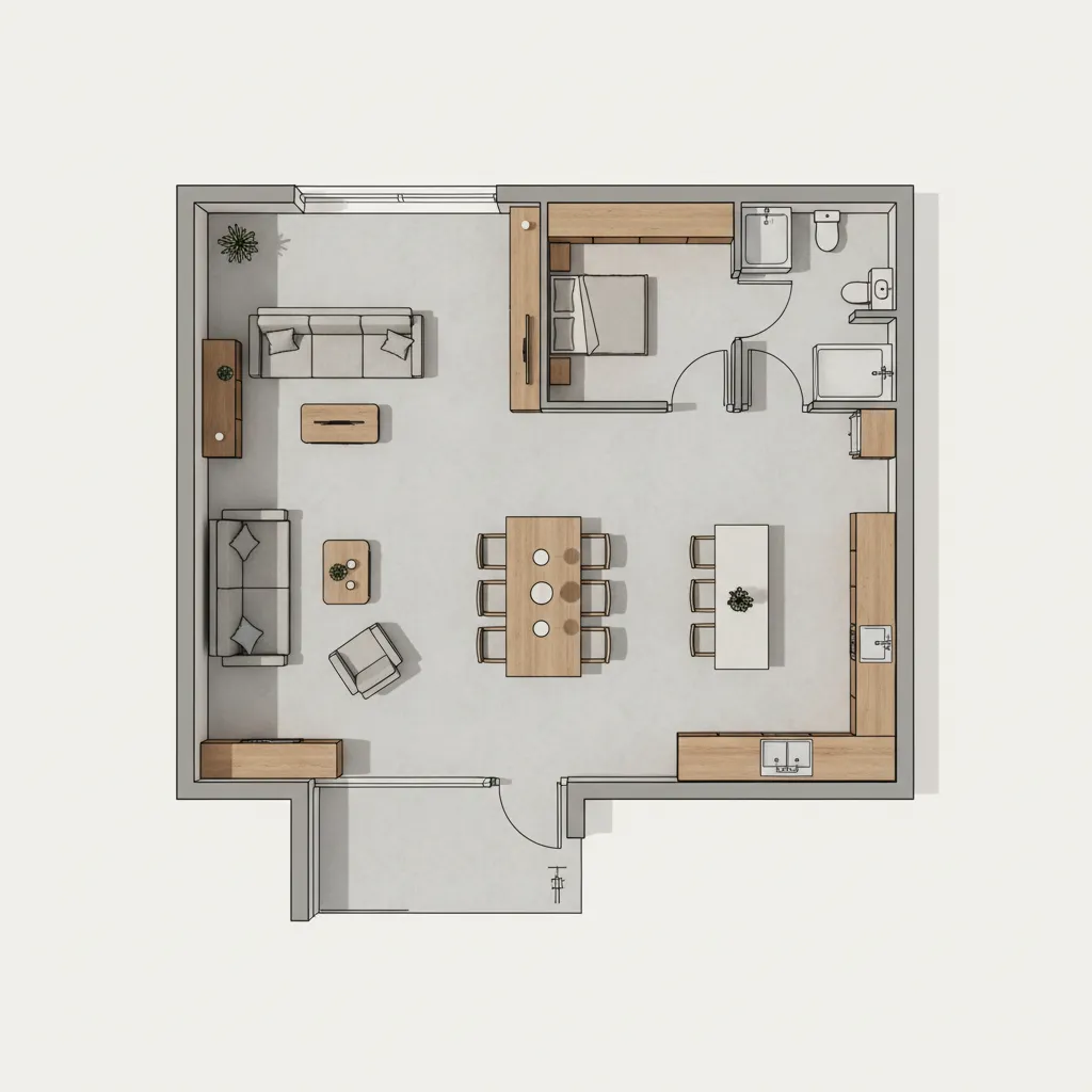 Modern 3D interior design drawing of apartment layout with living room dining area and bedroom