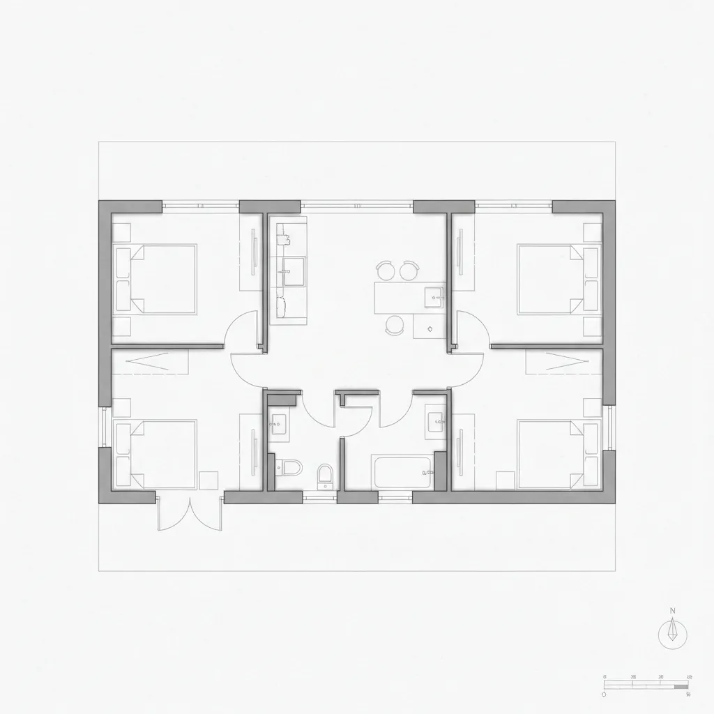 Black and white 2D floor plan showing four bedrooms and a central kitchen living area