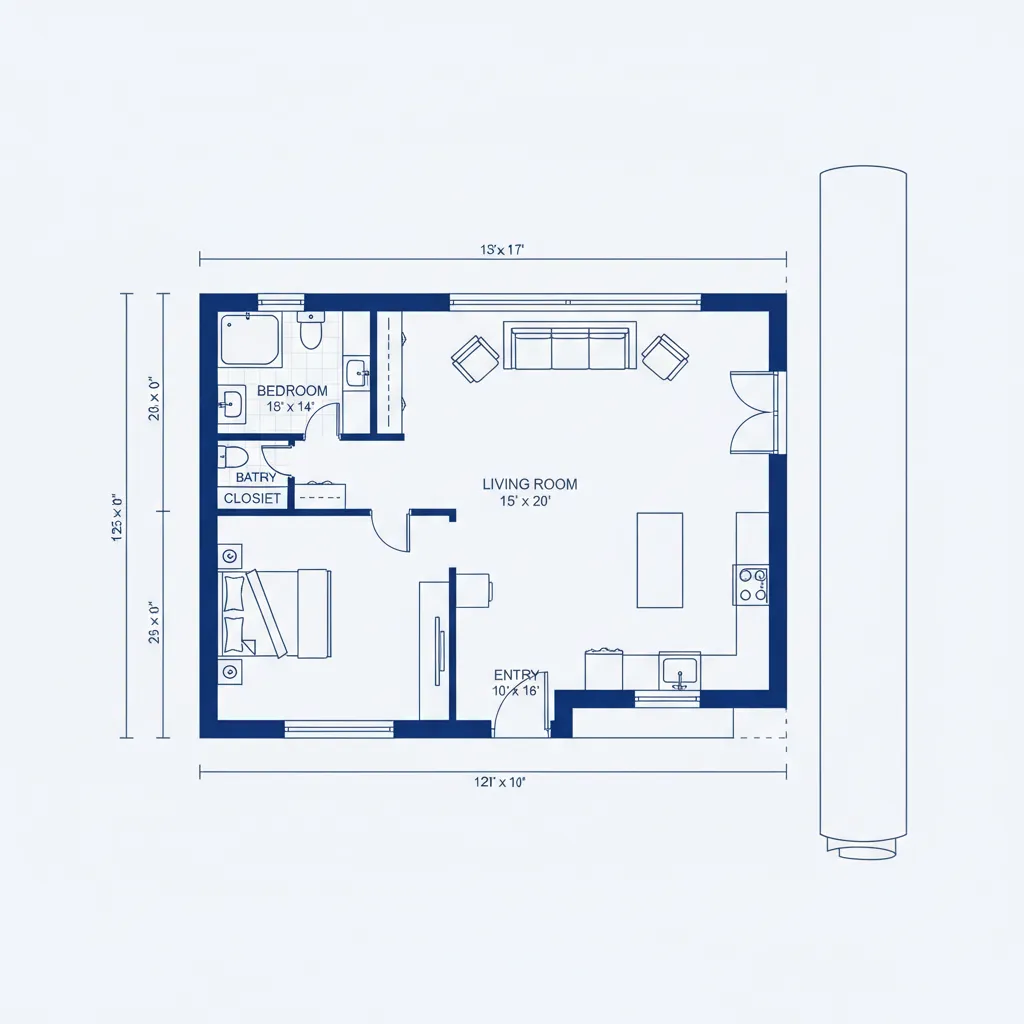 Minimalist blue floor plan showing a bedroom, bathroom, living room, and entry with room dimensions