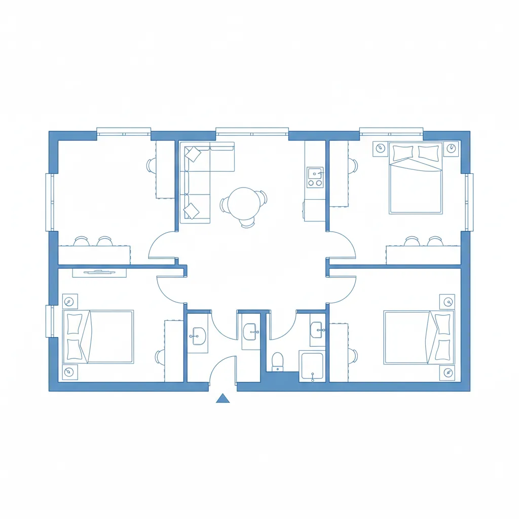 Interior design drawing of house layout with three bedrooms central living room and kitchen area