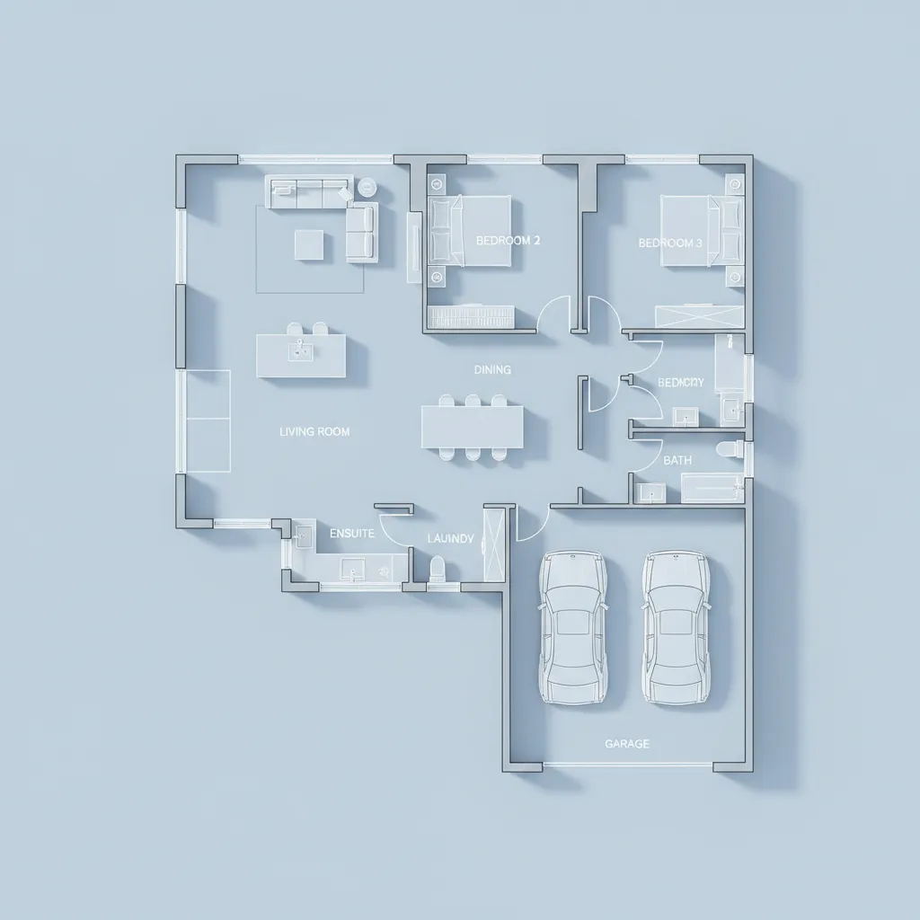 Modern 3D floor plan layout with living room kitchen bedrooms and two cars in garage