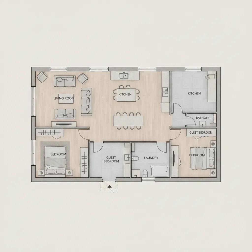 Detailed floor plan showing living room kitchen two bedrooms laundry room bathrooms and dining area