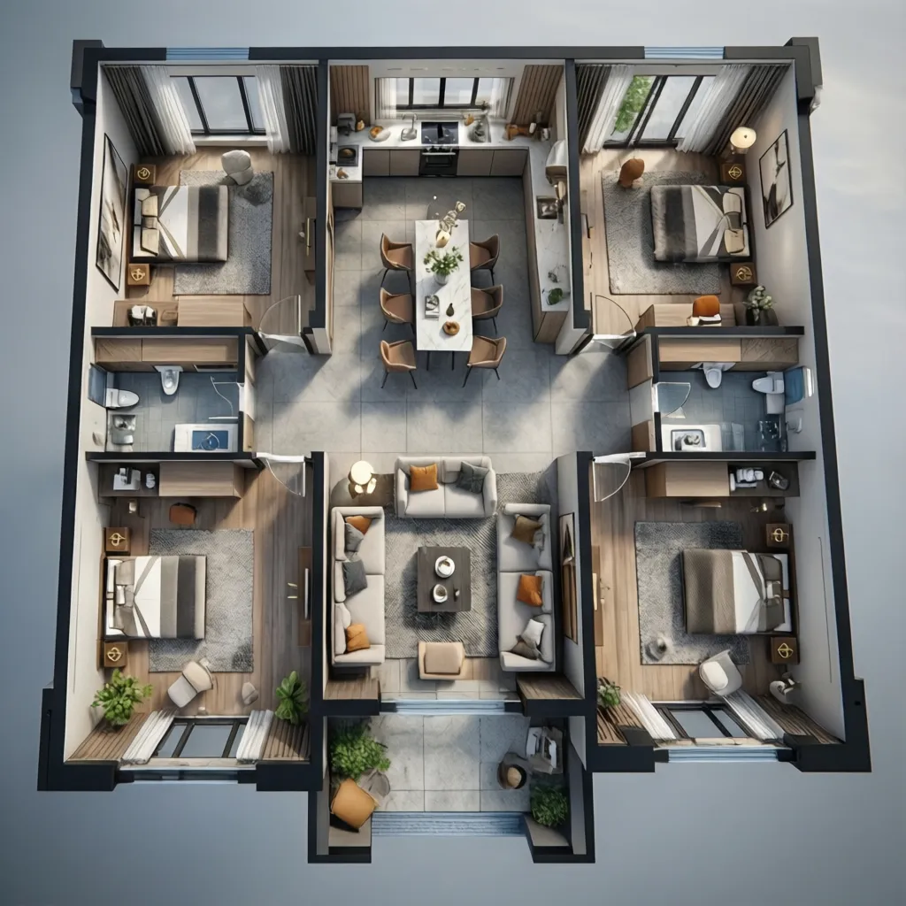 Contoh denah rumah modern dengan empat kamar tidur