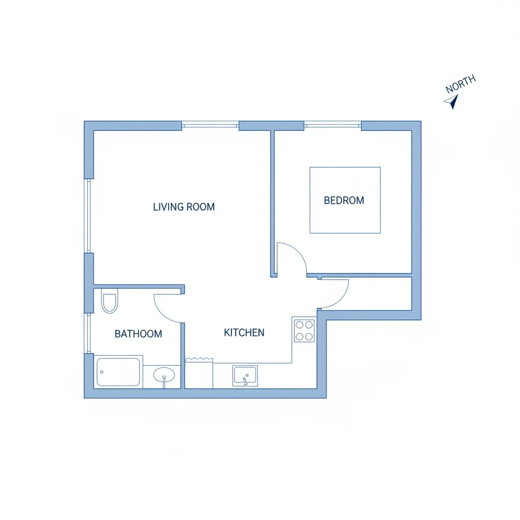 Contoh denah rumah sederhana dengan ruang tamu, kamar tidur, dapur dan kamar mandi