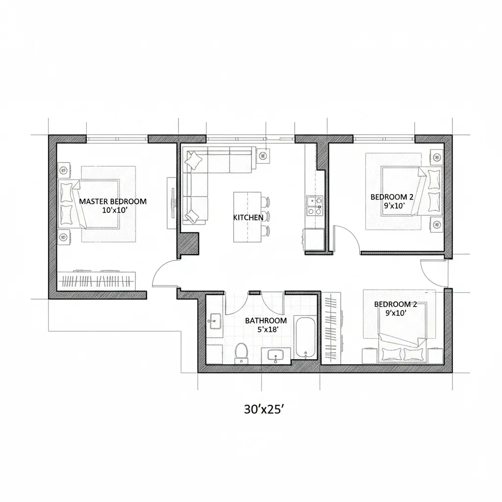 Black and white floor plan showing three bedrooms kitchen bathroom and room layout with dimensions