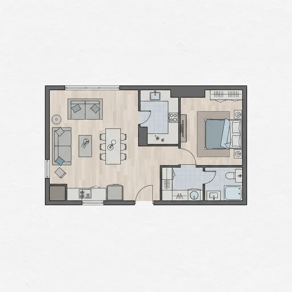 Top down 2D floor plan layout showing living area dining table kitchen bedroom and bathroom