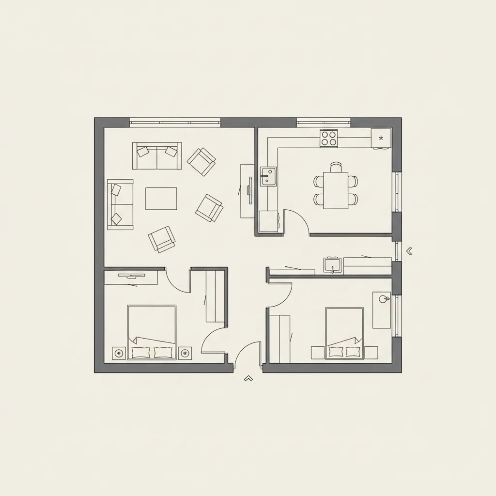 Contoh denah rumah sederhana dengan ruang tamu, dapur, dan kamar tidur