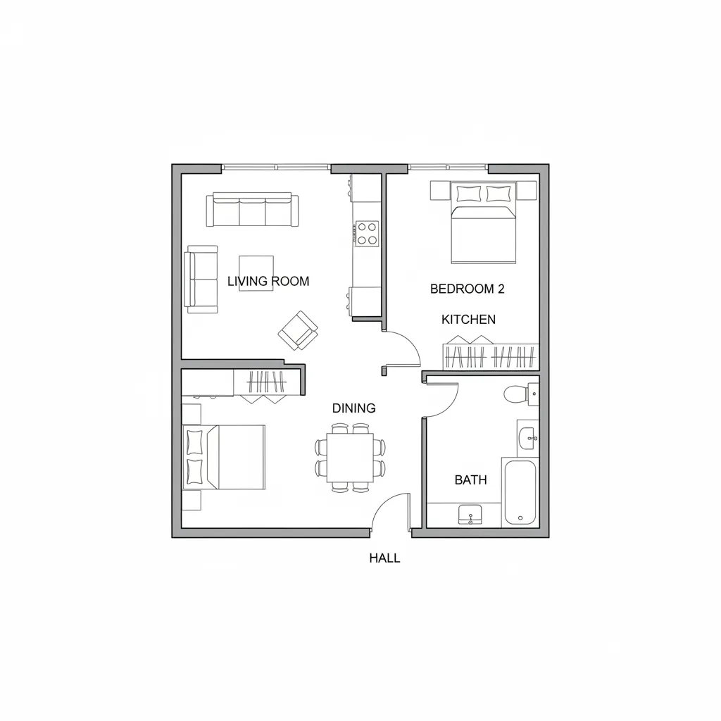 Interior design drawing of a house layout with two bedrooms living room kitchen and bathroom