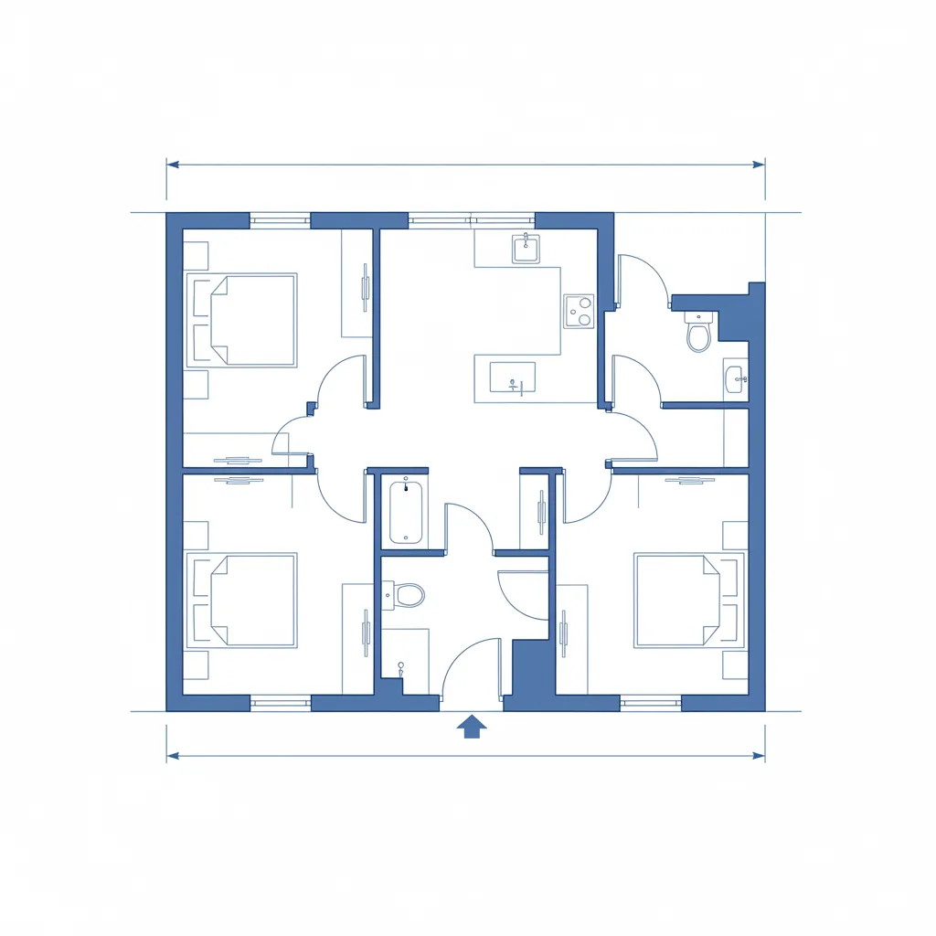 Blue line floor plan drawing showing three bedrooms kitchen area and bathrooms for a home layout