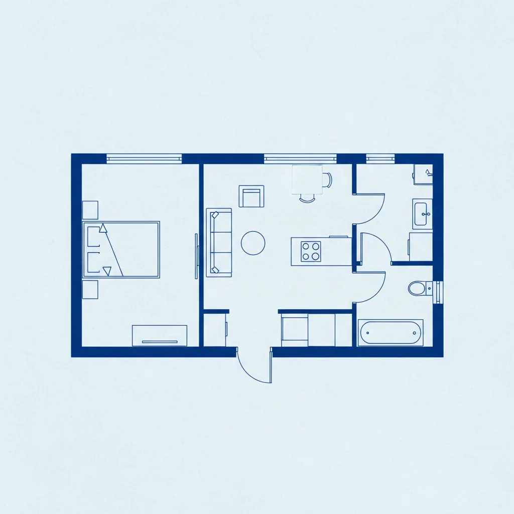 Denah rumah sederhana dengan ruang tamu, kamar tidur, dan dapur