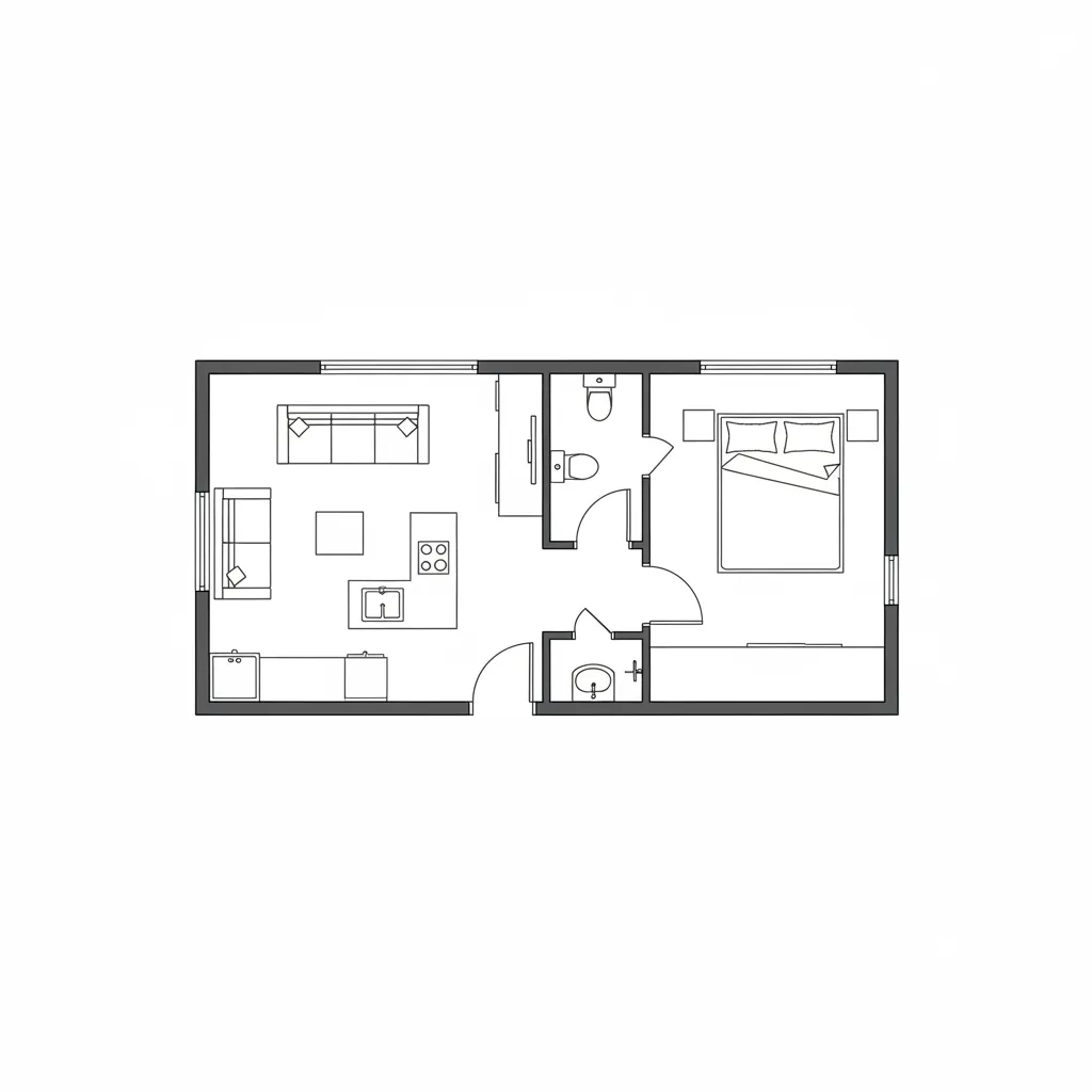 Simple black and white 2D floor plan layout including a living room kitchen and bedroom