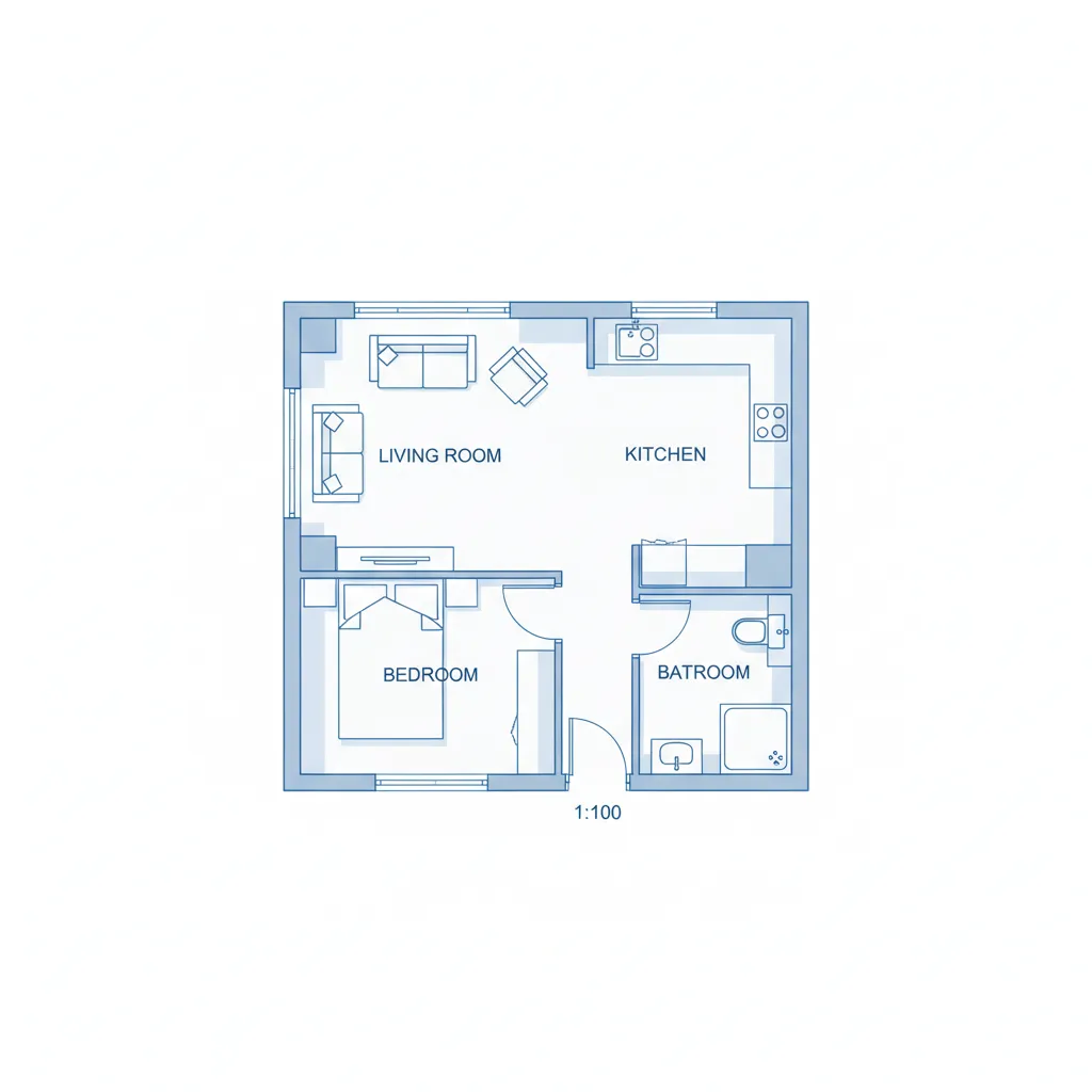 Blue line floor plan drawing showing a living room kitchen one bedroom and one small bathroom