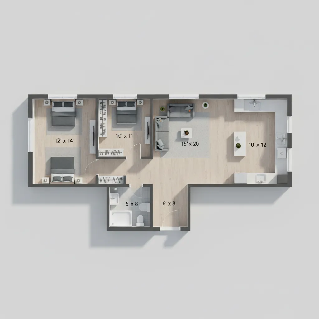 Detailed 2D house floor plan showing two bedrooms, one living room, kitchen, and a bathroom.
