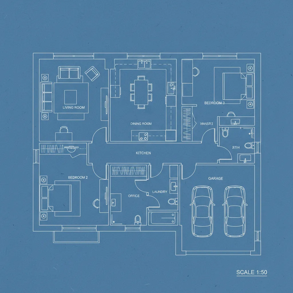 Contoh denah rumah skala 1:50 dengan pembagian ruang