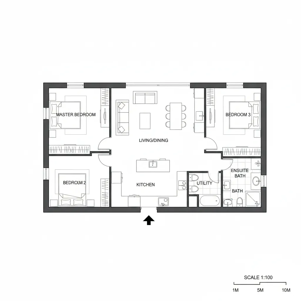 Digital house floor plan showing three bedrooms kitchen living room bathrooms utility and simple scale