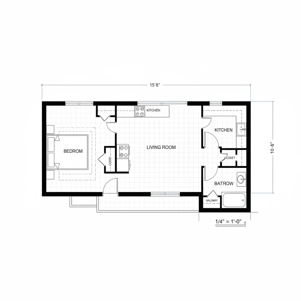 Black and white floor plan showing a bedroom living room kitchen bathroom and room dimensions
