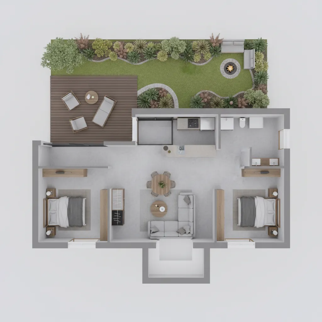 3D interior design drawing showing two bedroom house layout with living area kitchen and garden