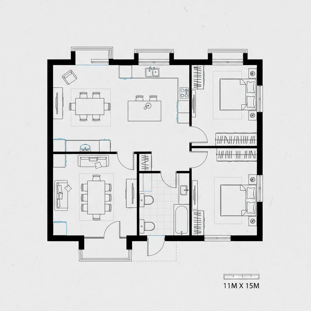 Simple black and white house floor plan showing dining area kitchen living room and bedrooms