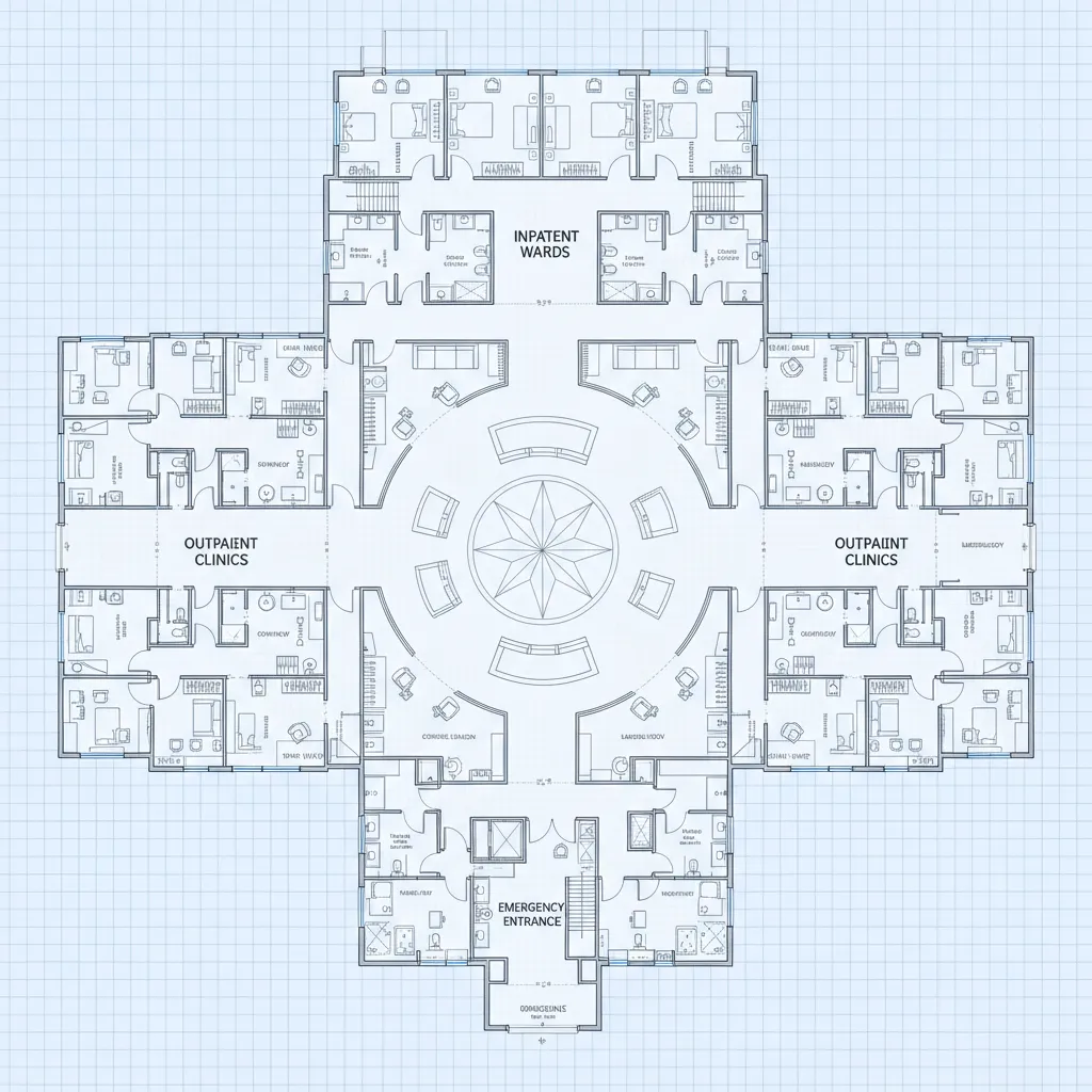 Contoh layout sederhana rumah sakit dengan lobby dan poliklinik