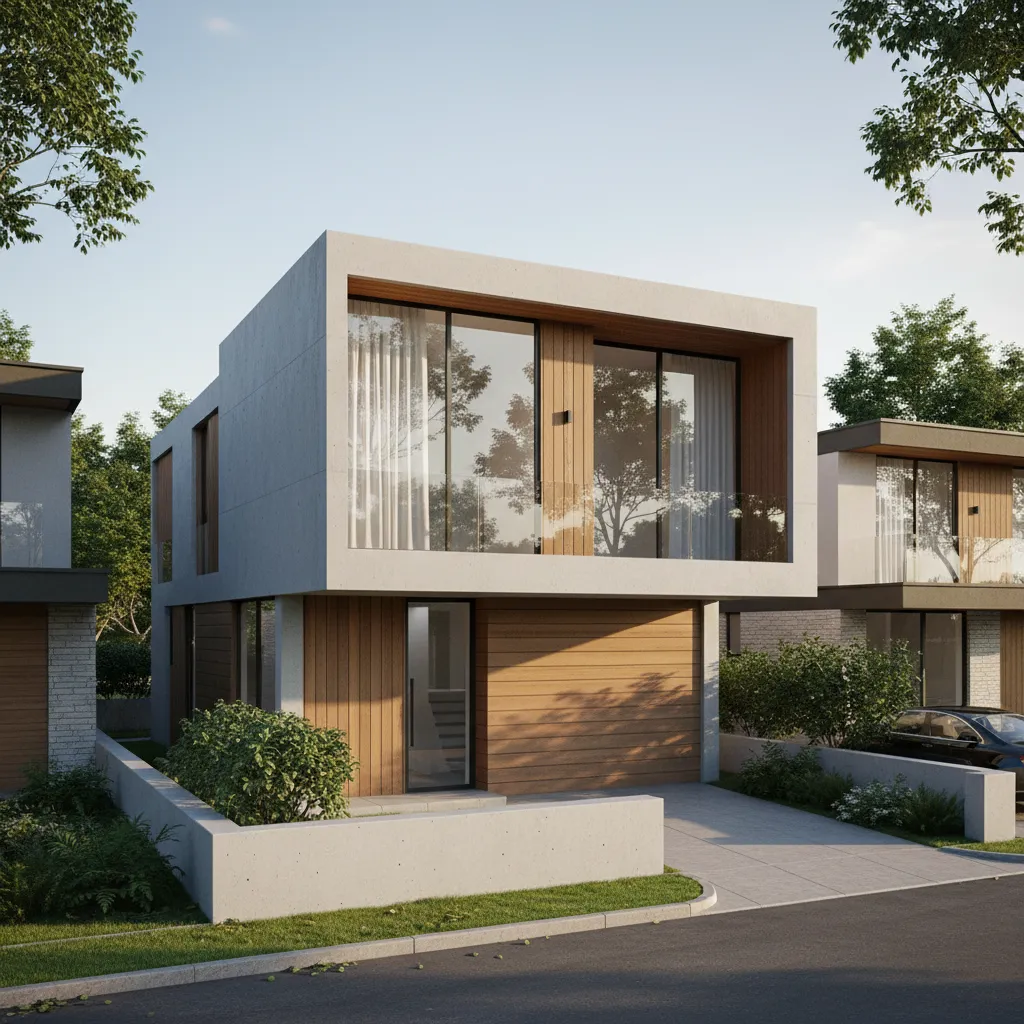 Modern two story house with concrete walls wood panels large windows and a small garden