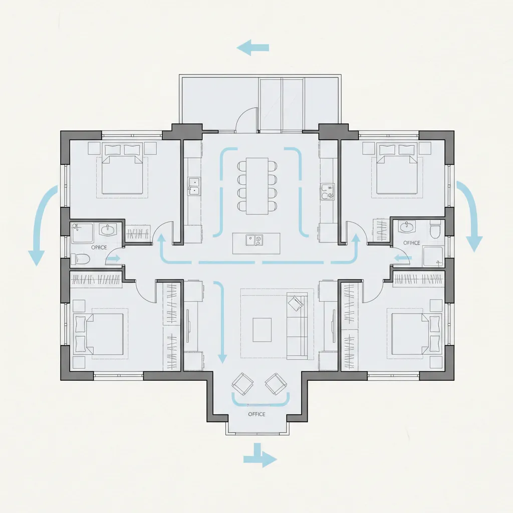 Diagram denah rumah yang menunjukkan jalur sirkulasi antar ruangan