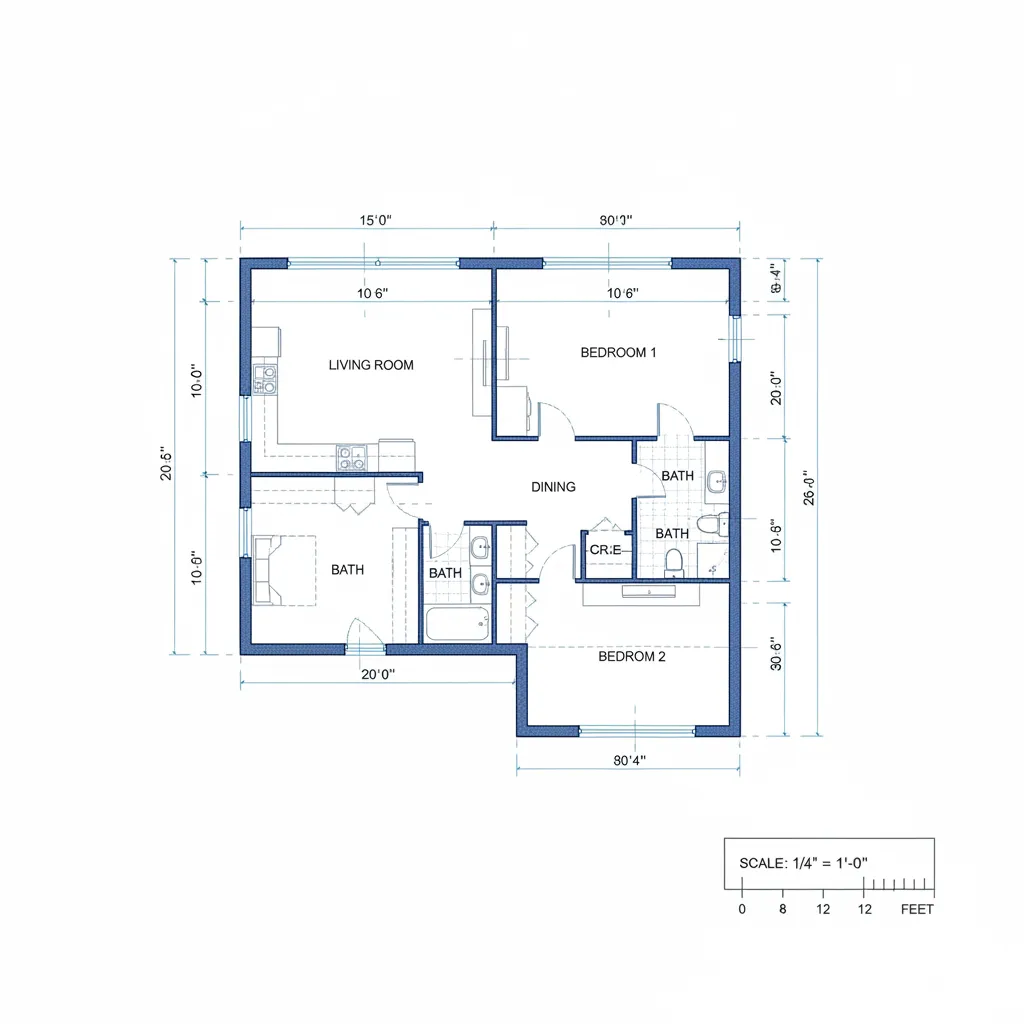 Clear two bedroom apartment floor plan layout showing dimensions with living room and dining area