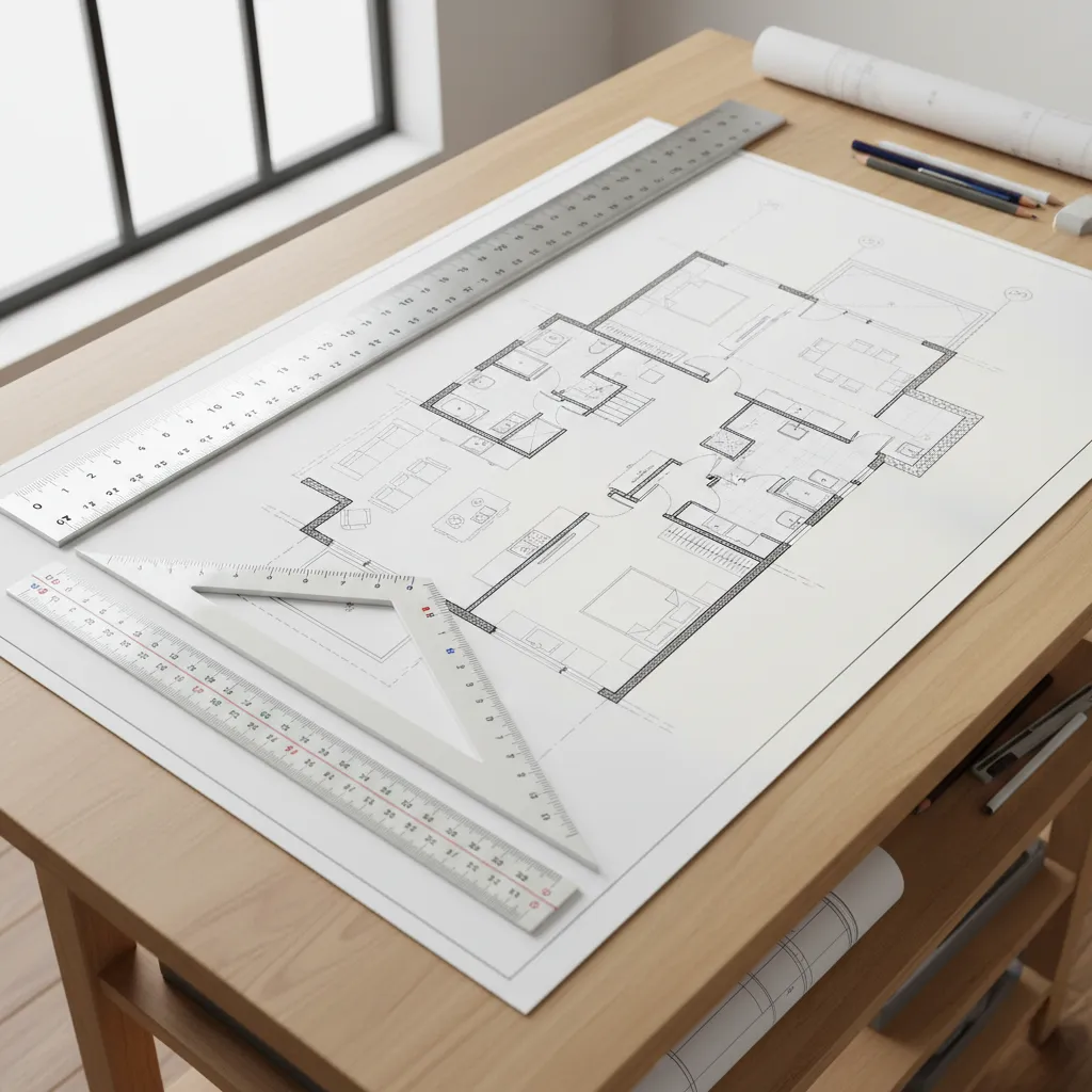 Interior design drawing of a floor plan on wooden table with metal rulers and pencils
