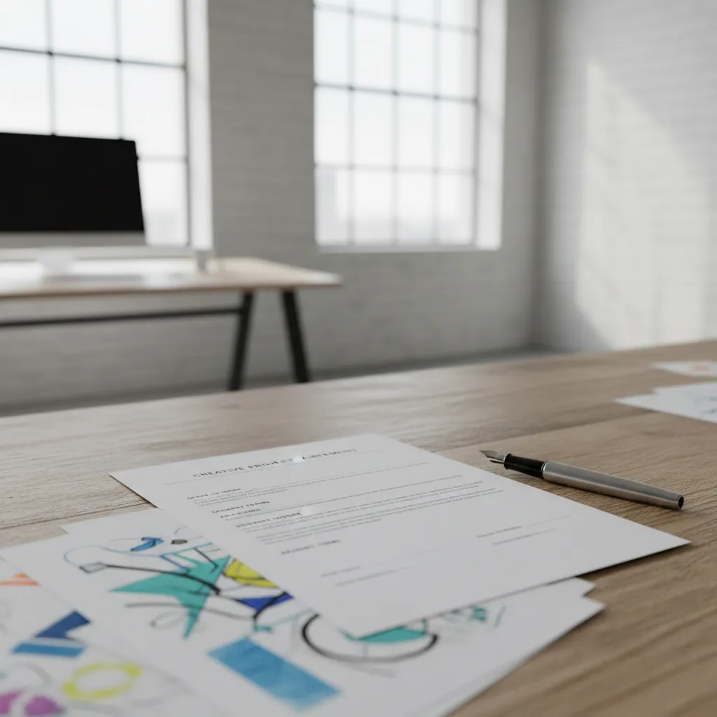 Contrato de proyecto creativo firmado sobre mesa de trabajo