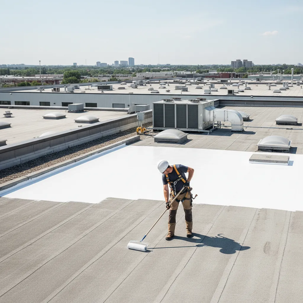 Roofing contractor applying protective coating on a commercial concrete roof