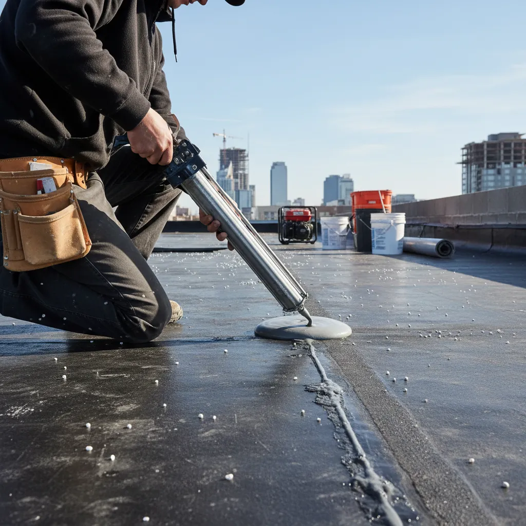roofer applying self leveling sealant on flat roof seam