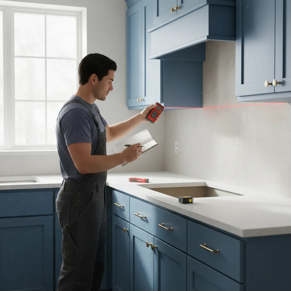 Kitchen renovation workflow showing measuring backsplash before tile installation