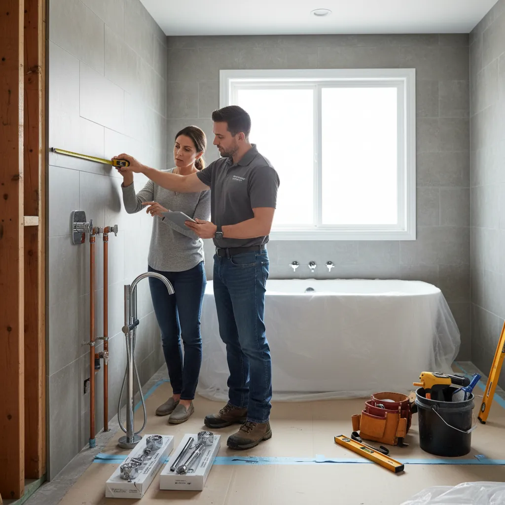 contractor discussing bathroom renovation plan with homeowner in partially remodeled bathroom