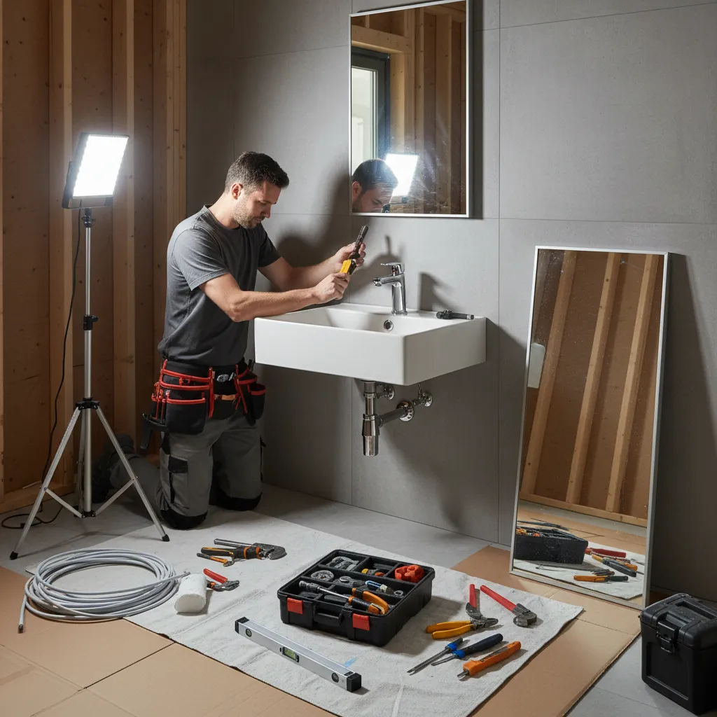Contractor installing bathroom fixtures during renovation