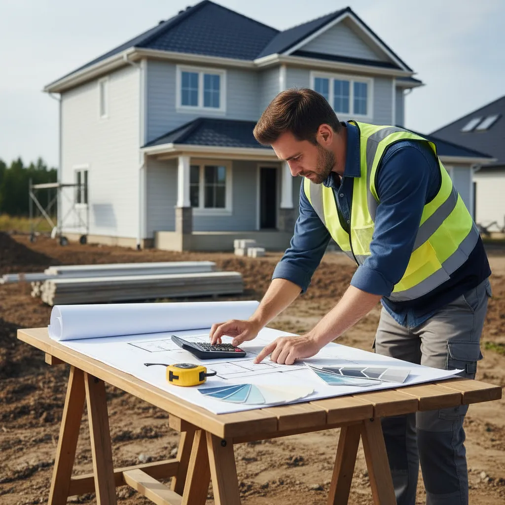 painting contractor calculating exterior painting estimate with notebook and house plans