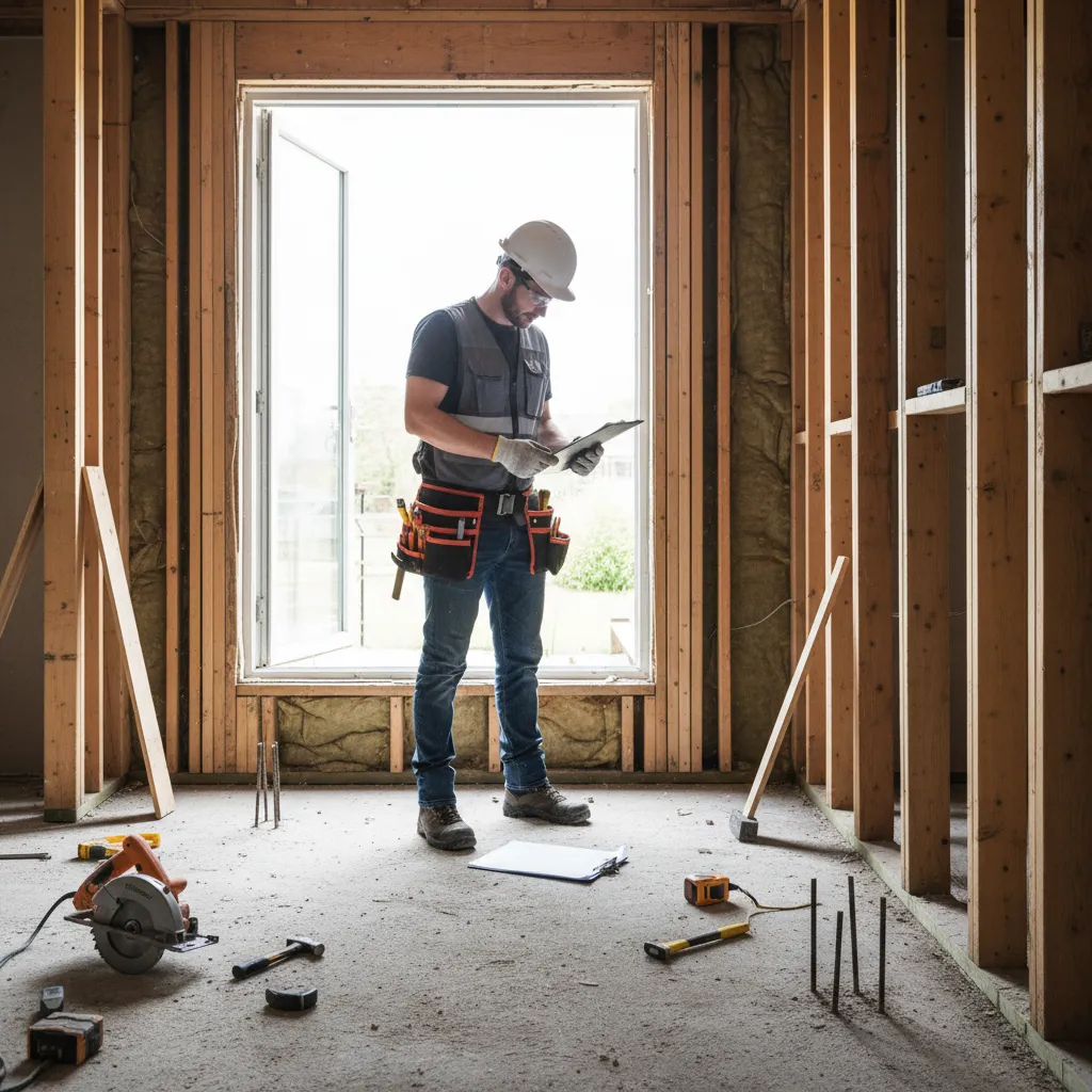 Contractor inspecting structural damage inside distressed house