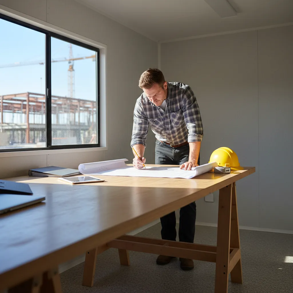 Construction contractor reviewing blueprint plans at a job site with measuring tools