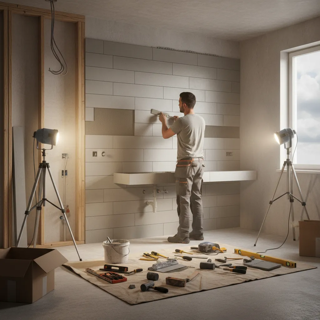 contractor installing custom bathroom tiles during renovation