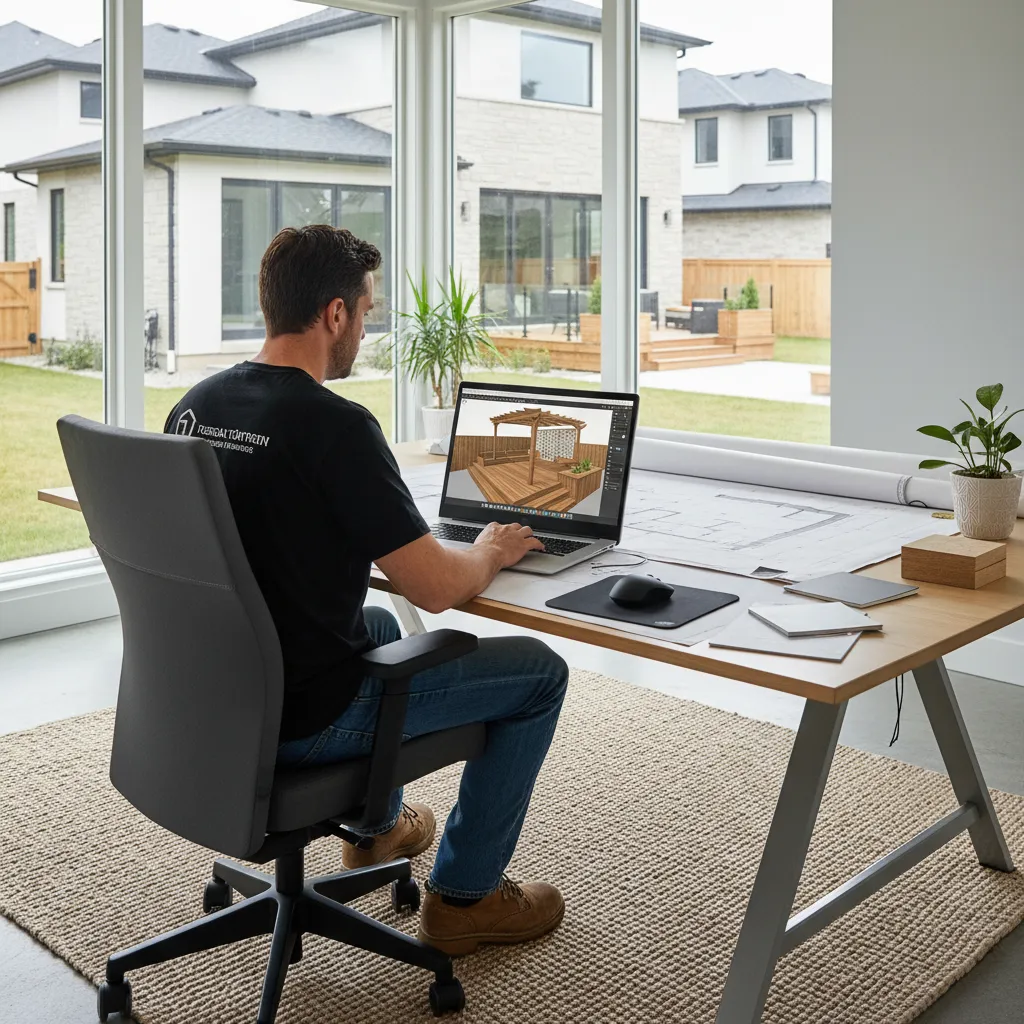 Contractor planning a backyard deck layout using digital deck design software