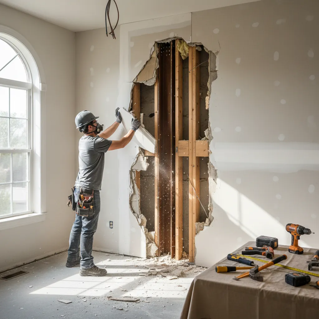 Contractor discovering hidden structural beam during home renovation
