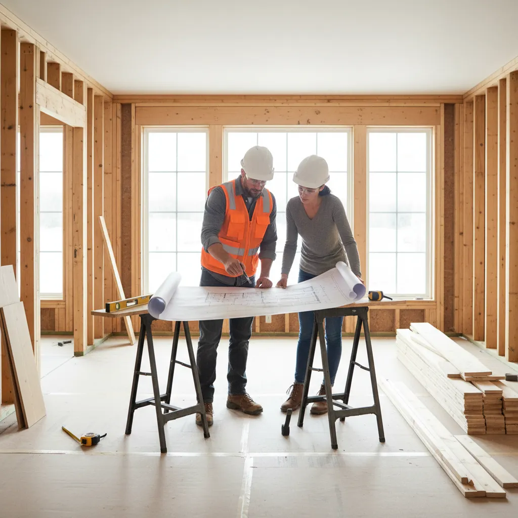 contractor and homeowner discussing renovation plans and layout changes on site
