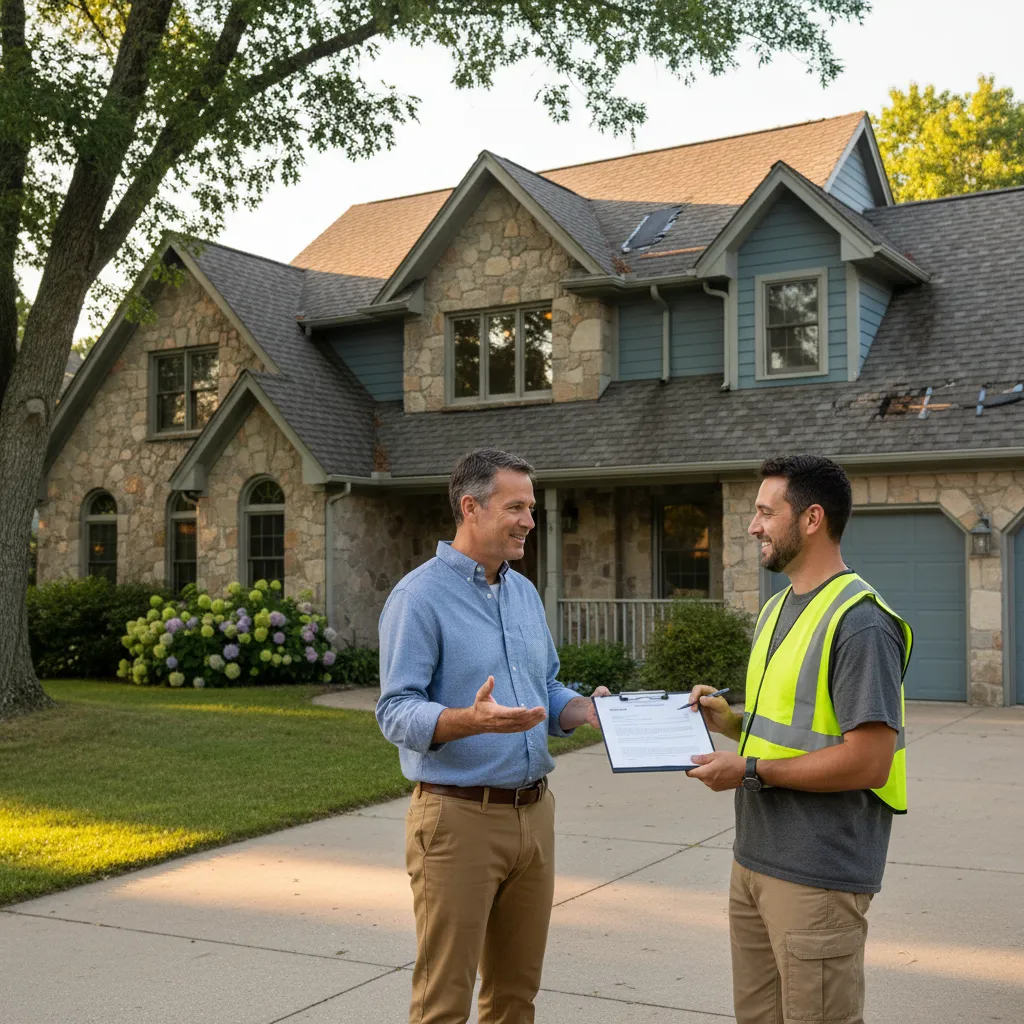 homeowner discussing roofing contract cancellation with contractor outdoors