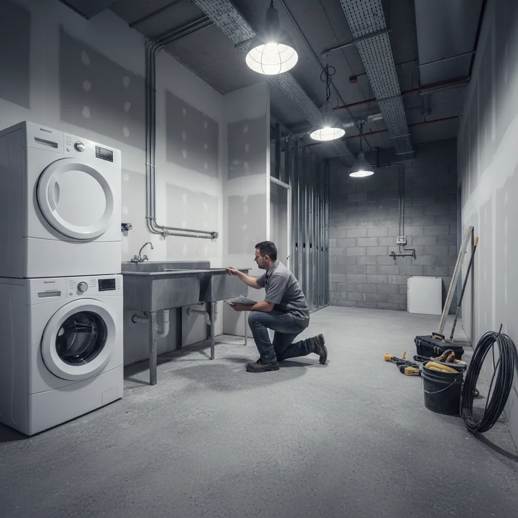 Concrete laundry room floor being inspected for durability and moisture resistance