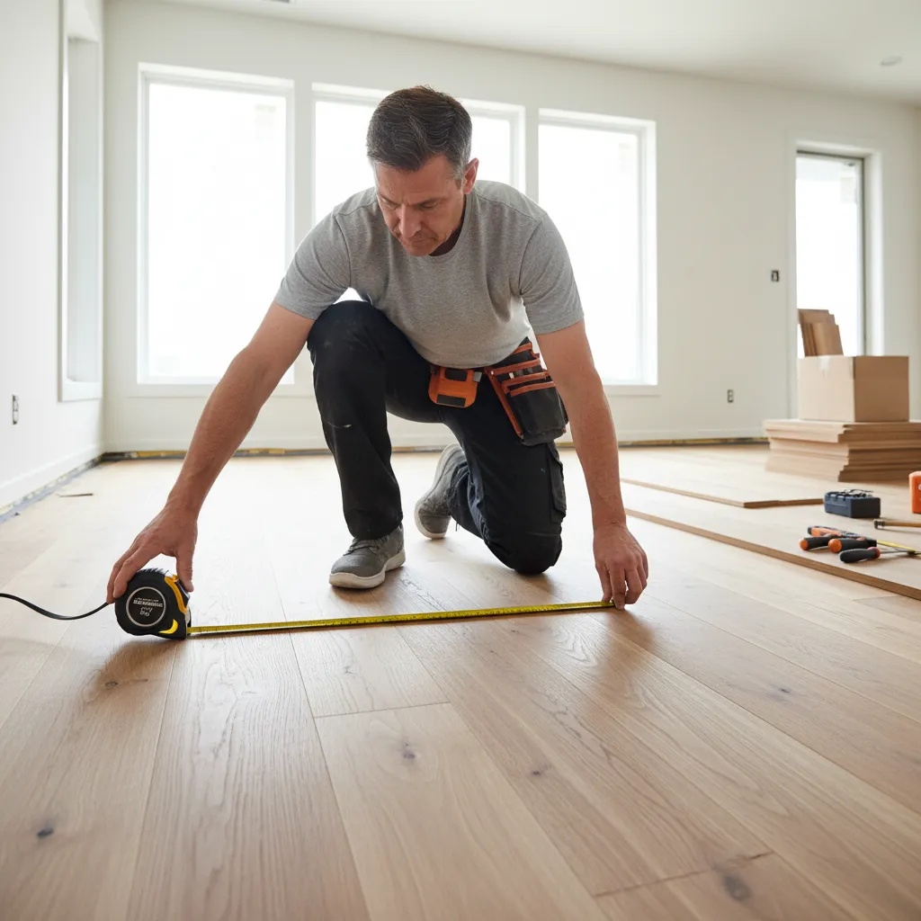 Flooring contractor inspecting hardwood floor installation quality