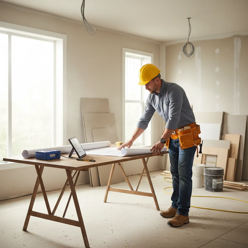 contractor reviewing house renovation plans and measuring layout