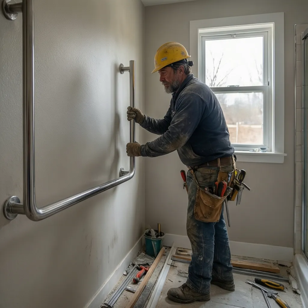 contractor installing grab bars in accessible bathroom for senior safety